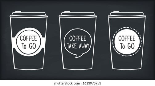 Three hand drawn take away coffee cups, doodle style, vector eps10 illustration