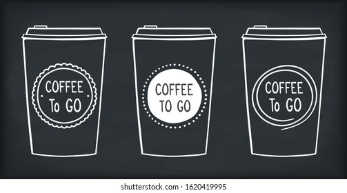 Three hand drawn take away coffee cups, doodle style, vector eps10 illustration