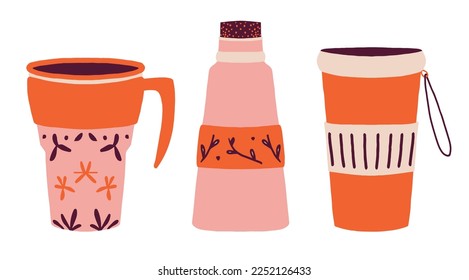 Three hand drawn thermo mugs, tumbler with lid, reusable cups for hot drinks. Thermos for take away drink. Trendy vector illustration for icon, logo, print, icon, card, emblem, label.