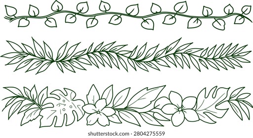 Three hand drawn tropical leaf vine borders.