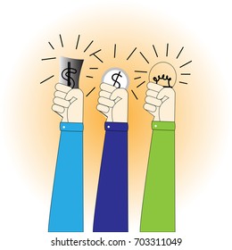 Three hand up holding of dollar bank notes, coins, light bulbs. Vector colorful illustration in flat style isolated on white   