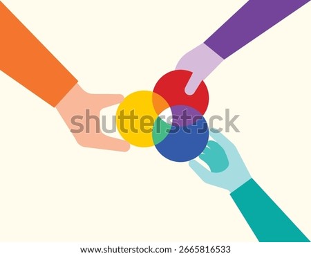 Three hand holding merge of three circle, company equity merge teamwork concept illustration