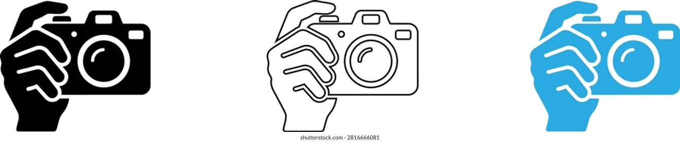 Three hand icons showing camera photography styles with different color variations isolated on transparent background, Vector