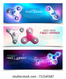 Three hand spinner toys horizontal banner set with keep calm fidget spinner headlines vector illustration