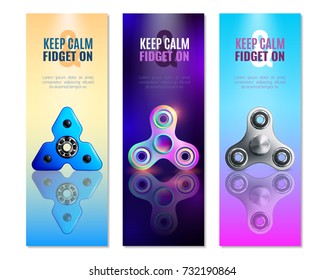 Three hand spinner toys vertical banner set with different types of toy and big headlines vector illustration