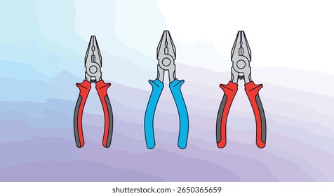 Three hand tools featuring pliers with red and blue grips set on a gradient background