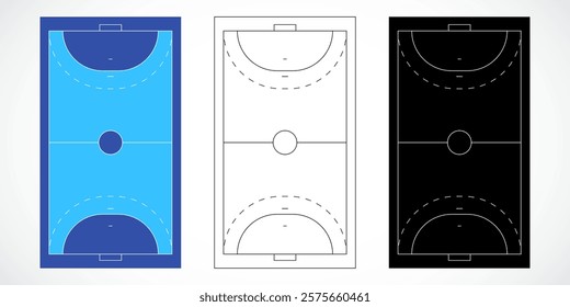 Three handball court designs: blue layout, white outline, and black schematic for sports strategy, planning, or educational purposes.
