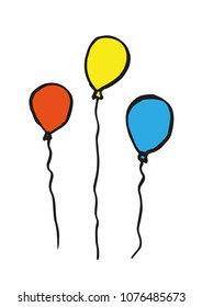 Three hand-drawn balloons climb upwards. Black outline and color fill (red, yellow, blue) . Illustration isolated on white background. Use for  for  birthday celebrations, carnival etc. Vector eps 10.