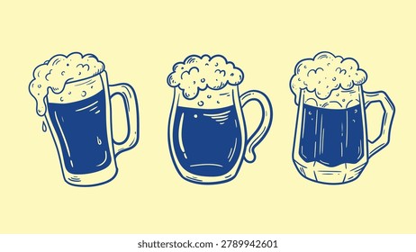 Three hand-drawn beer mugs with thick foam standing against a light yellow background. Line art illustration representing oktoberfest, pub culture, and alcoholic beverage concept.