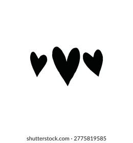 Three hand-drawn black hearts of different sizes. Represents love, affection, romance, or emotion in rough sketch doodle style on white background.