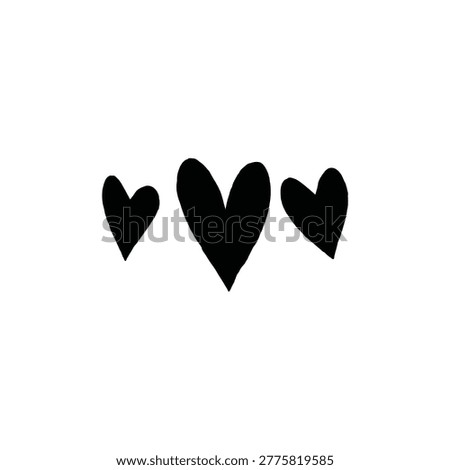 Three hand-drawn black hearts of different sizes. Represents love, affection, romance, or emotion in rough sketch doodle style on white background.