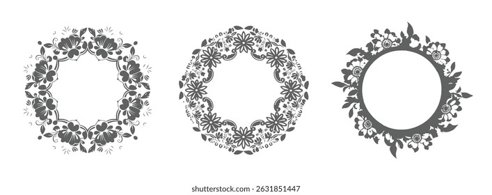 Three Hand-drawn floral oval wreath frame made of delicate flowers and curved leaves, black line art on white background.