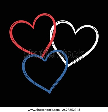 Three hand-drawn hearts in red, white, and blue, overlapping on a black background, symbolizing unity and patriotism.