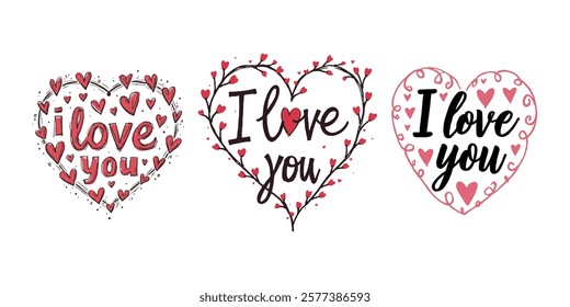 Three hand-drawn heart-shaped designs with I love you text, adorned with red patterns and details, on a white background, Valentine's day, wedding illustration.