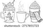 Three hand-drawn mugs of hot beverages, one with a snowman design, another with a scarf, and one steaming plain mug.