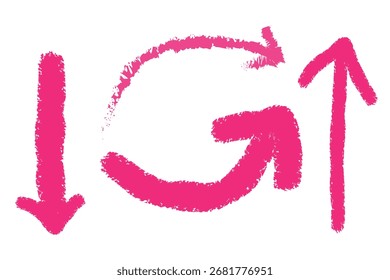 Three hand-drawn pink arrows on a white background. One points down, one up, and one curves in a circle.
