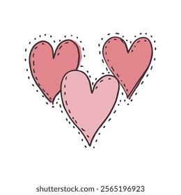 Three hand-drawn pink and red hearts with dotted outlines, on a white background, expressing love and affection concepts