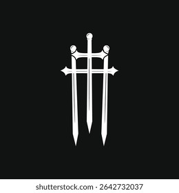 Três espadas desenhadas à mão formam as iniciais T e H, um crucifixo e um capacete espartano — simbolicamente, em negrito e branco sobre preto. Perfeito para a identidade de marca forte