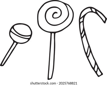 Three handmade candy doodles. Vector image of lollipops for printing, Internet, advertising.