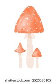 Three Hand-painted Fly Agaric Mushrooms. Cute Watercolor Style Vector Illustration with Toadstools on a White Background ideal for Wall Art. Red Mashrooms with White Spots. Kids' Room Decoration. RGB.