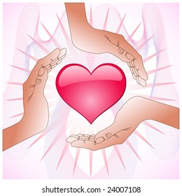 Three hands around of red brilliant heart
