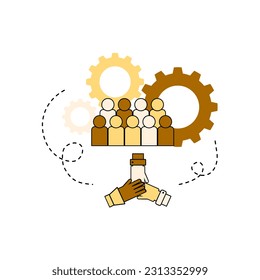 Three hands assembling and support each other. Concepts for business teamwork,  diversity team, cooperation and partnership. Symbol of cooperation, process, solution. Flat vector design illustration