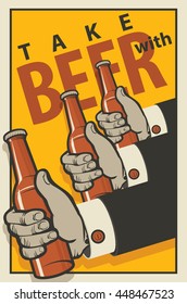 Three hands with bottles of beer in a retro style on a yellow background