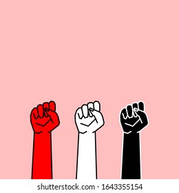 Three hands are clenched and raised up. Female fist. Vector illustration, flat design, eps 10. Concept: interracial equality, the struggle for interethnic interests, the unity of women of different.