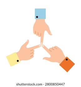 Three hands with colorful sleeves pointing to each other in a triangle formation