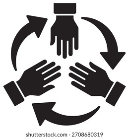 Tres manos se unen icono. Icono de trabajo en equipo y cooperación. Símbolo de icono para comunidad, caridad, grupo, familia, voluntario, solidaridad, unión, contribuir, participante. Ilustración vectorial