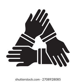 Three hands come together icon. Teamwork and cooperation icon. Icon symbol for community, charity, group, family, volunteer, solidarity, togetherness, contribute, participant. Vector illustration