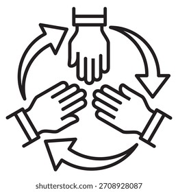 Three hands come together icon. Teamwork and cooperation icon. Icon symbol for community, charity, group, family, volunteer, solidarity, togetherness, contribute, participant. Vector illustration