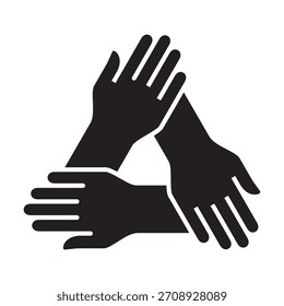 Three hands come together icon. Teamwork and cooperation icon. Icon symbol for community, charity, group, family, volunteer, solidarity, togetherness, contribute, participant. Vector illustration