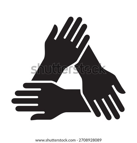 Three hands come together icon. Teamwork and cooperation icon. Icon symbol for community, charity, group, family, volunteer, solidarity, togetherness, contribute, participant. Vector illustration