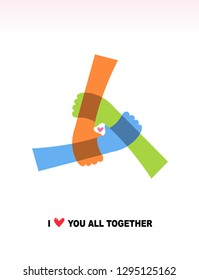 Three hands are connected, and there are hearts in the middle. I love you all together. Concept