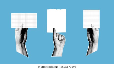 Three hands cut out of paper in dots hold empty sheets of paper. Retro collage style vector illustration
