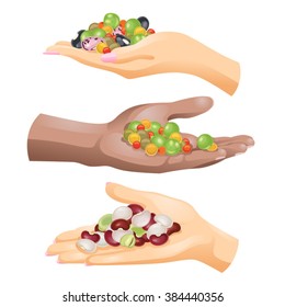 Three hands with different beans in them on white background / Hands of Caucasian and African American people with beans, peas and lentils in them 
