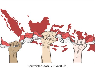 Tres manos de diferentes colores sosteniendo la bandera nacional de Indonesia con el fondo del mapa del país de Indonesia.