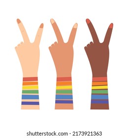 Drei Hände verschiedener ethnischer Gruppen zeigen ein Zeichen des Friedens und ein Symbol der LGBT-Bewegung. Vektorgrafik.