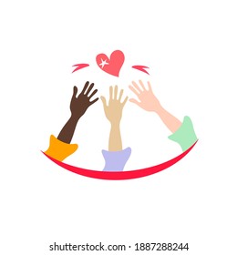 Three hands of different nationalities from a smile reach out to the heart. Cute vector illustration symbolizing volunteering and love.