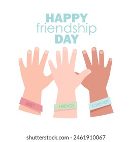 Three hands with different skin color with friendship bracelets on Friendship Day