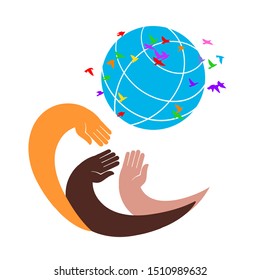 Three hands of different skin colors hold the globe. Concept of peace and tolerance. Flat style sign for mobile concept and web design. Charity symbol, logo illustration. Vector graphics