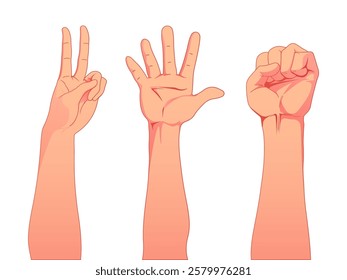 Three hands display different gestures with a 2 fingers, an open palm, and a clenched fist. illustration emphasizing communication and expression