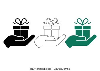 Three hands each holding a gift box tied with a ribbon isolated on transparent background