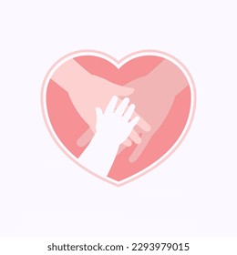 Three hands of family members, baby, mother and father, on top of each other in heart shaped flat design