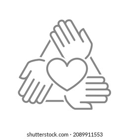 Three hands with heart line icon. Support, teamwork symbol