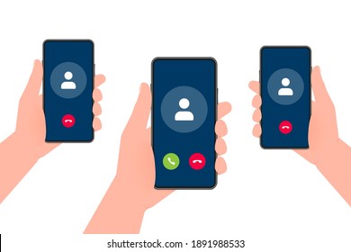 Three hands hold phones with call Incoming video call on screen on white background. Vector illustration.