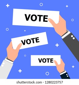 Tres manos sostienen mesas etiquetadas como "VOTE" sobre un fondo azul.