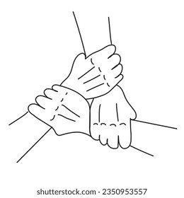 Three hands hold together for the wrist other. Symbol of team work, support, charity organization and donation community. Thin line vector illustration.