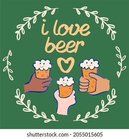 Three hands holding three beer mugs. Celebrating a party in a pub. Individual people of four drunken drinking beer on a green background.